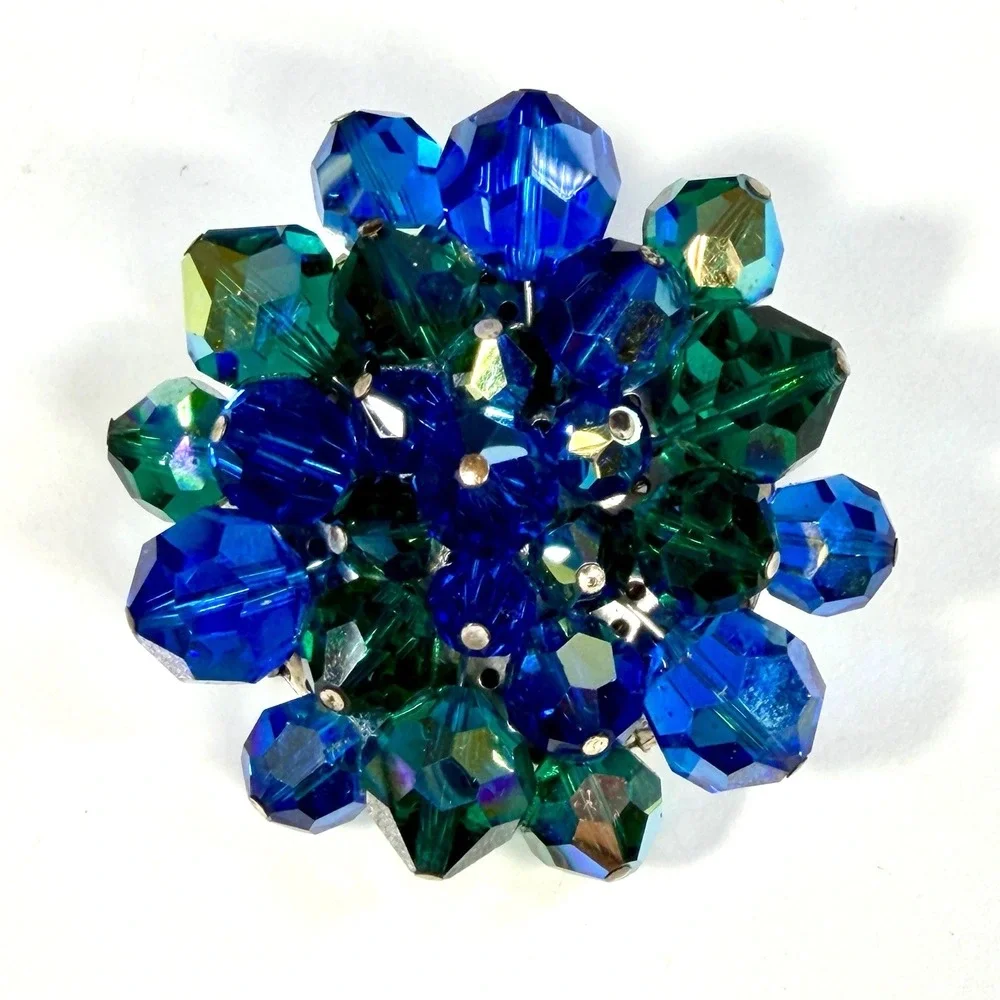 Vintage Blue Green AB Faceted Crystal Cluster Brooch Pin Flower Statement 1 1/2